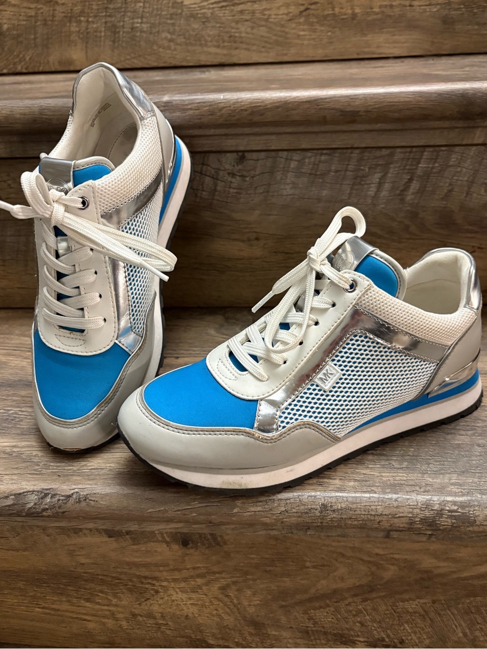 Michael Kors White, Silver & Blue Mesh Lace-Up Sneakers